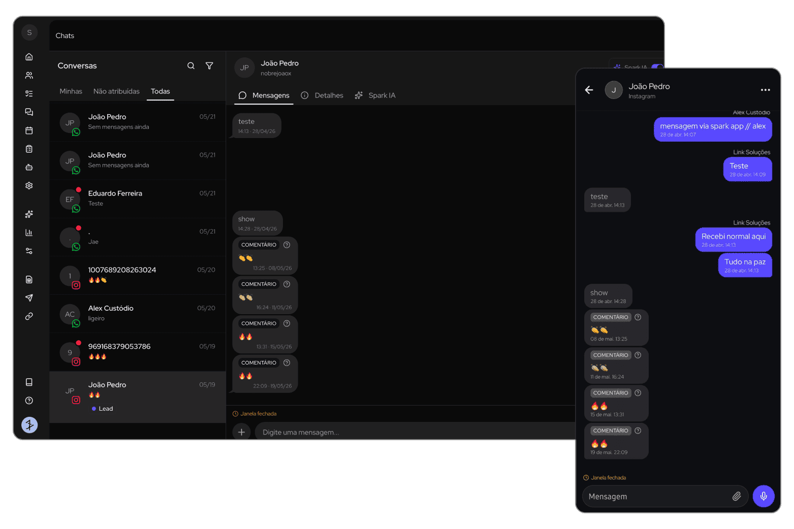 Spark CRM dashboard on desktop with the mobile app showing the same conversation
